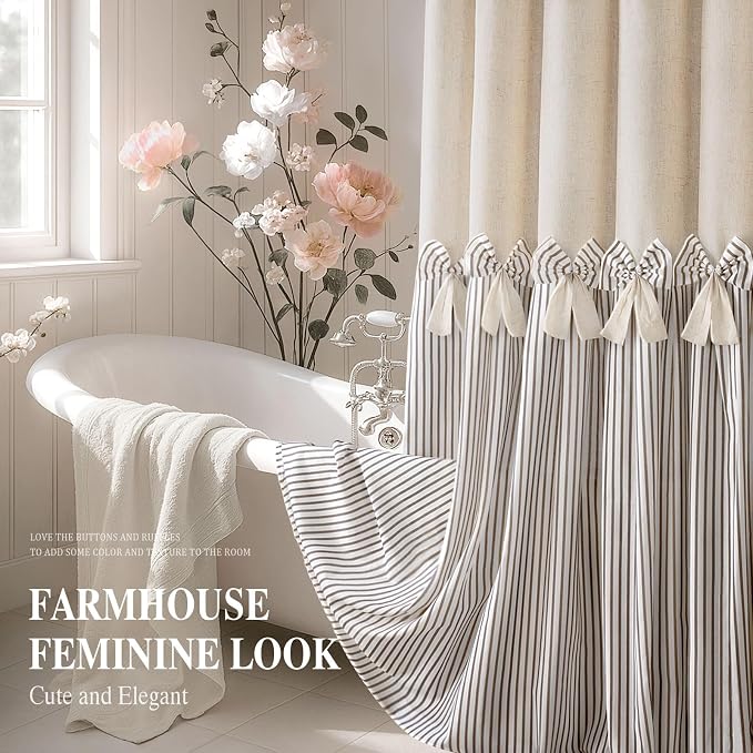 Farmhouse Shower Curtain Linen Bow Pleated Brown Stripe 72"W x 84"L | Farmhouse Style, Chic Bow, Striped, Linen Fabric, Rustic, Country, Natural Look, Washable, for Bathroom Bathtub