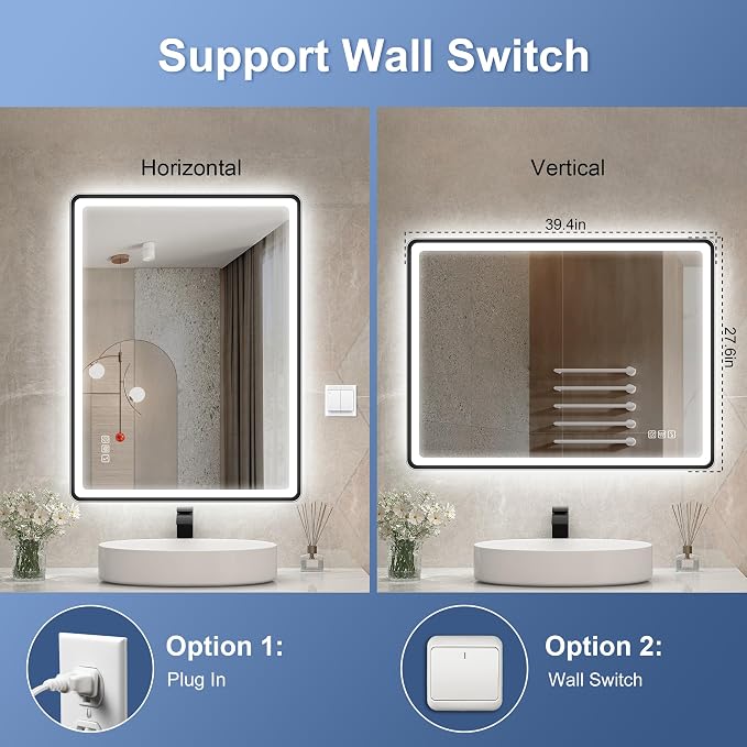 STARLEAD 40"x28" Black Frameless LED Bathroom Mirror with Bluetooth Speaker, 3 Color Temperature, Stepless Dimming, Anti-Fog, Touch Control, Wall-Mounted Vanity Mirror, Vertical or Horizontal