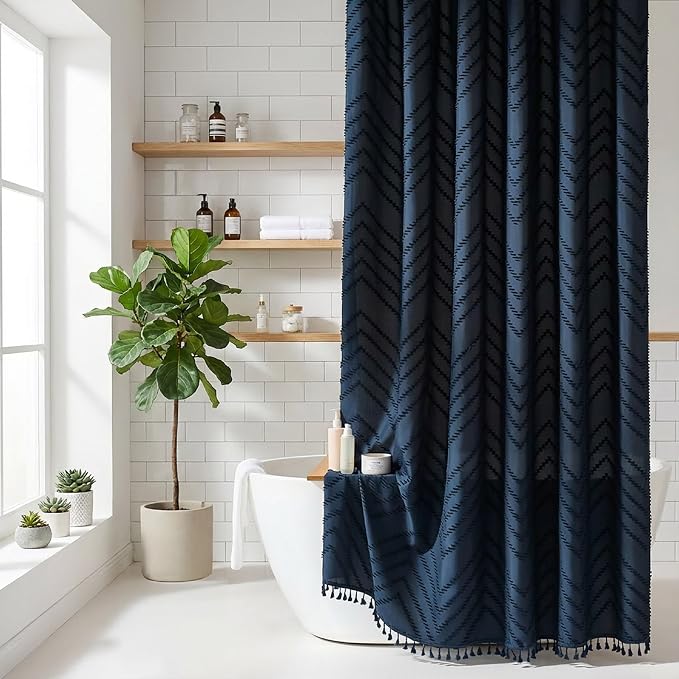 Siiluminisoy Extra Long Boho Navy Blue Shower Curtain, Woven Fabric Shower Curtain, Tufted Chevron Striped, 72 x 78, Modern Chic Textured Minimalist Bathroom Cloth Shower Curtains