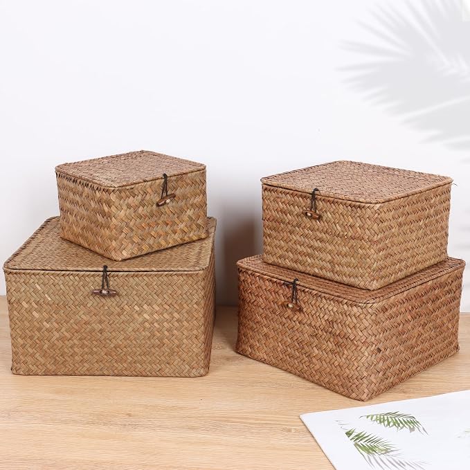 Moosky Wicker Shelf Baskets with Lid, Handwoven Seagrass Storage Basket Bins Square Gift Boxes for Shelves Home Decor Organizer (Coffee, Medium)