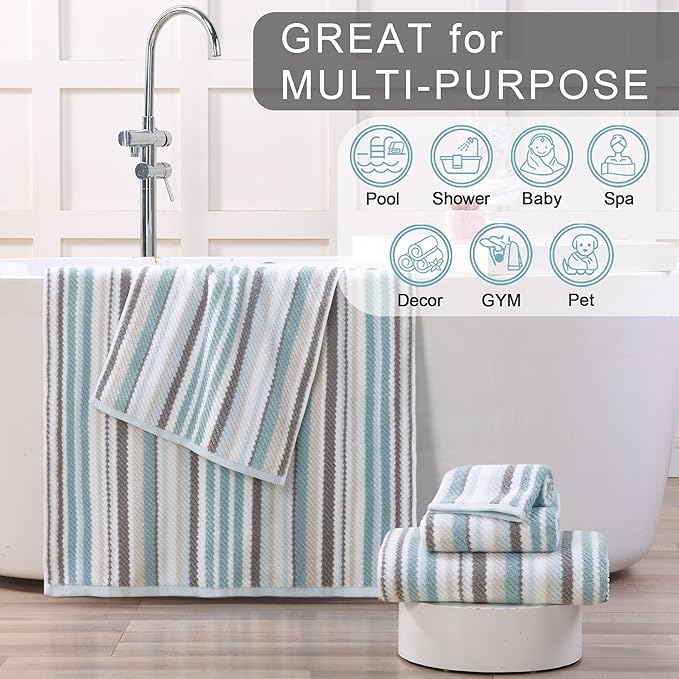 VOOVA & MOVAS Aqua Striped Hand Towels 4 Pack, 100% Cotton, 16x27 in | Excellent Daily Use & Holiday Gift Choice, Quick Dry, Highly Absorbent, Soft, Lightweight, Luxury Towel Gift Set