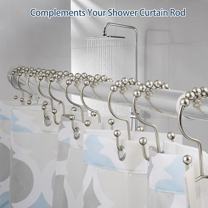 DAWNER Shower Curtain Hooks, Rust Proof Metal Easy Glide Double Rings, Stainless Steel Hangers for Bathroom Curtains, Set of 12, Brushed Nickel