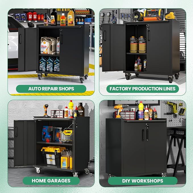 Garage Tool Cabinet Set,Heavy Duty Steel Rolling Tool Chest with Lockable Doors & Adjustable Shelves
