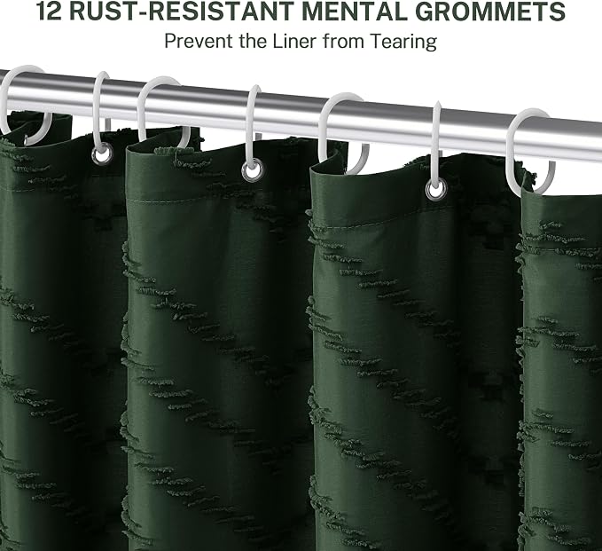 Siiluminisoy Dark Green Boho Shower Curtain with Tassel Woven Fabric Shower Curtain 72 x 72 Modern Farmhouse Textured Tufted Chevron Striped Minimalist Shower Curtains for Bathroom