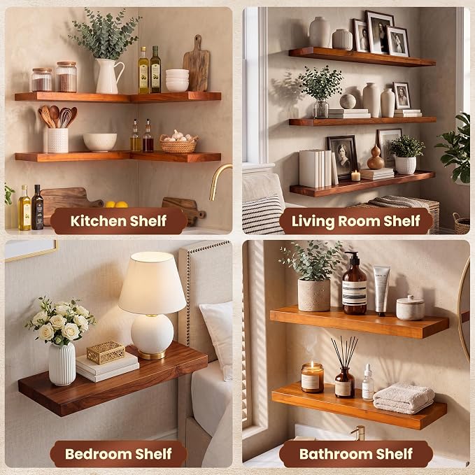 24 Inch Teak Floating Wall Shelves Set of 2 | Weather Resistant, Heavy Duty Hidden Brackets, Natural Wood Grain, Wall Storage For Bathroom, Kitchen, Living Room & Outdoor