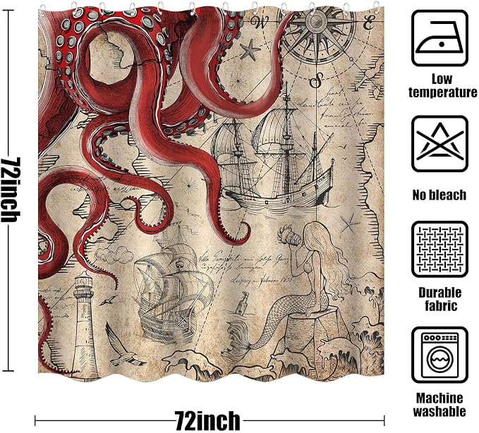 Fungarth Vintage Red Nautical Octopus Shower Curtain Mermaid Funny Ocean Kraken Shower Curtains for Bathroom Cool Anchor Coastal Map Waterproof Fabric Bath Curtain Decor with Hooks (Retro1, 72â x 72â)