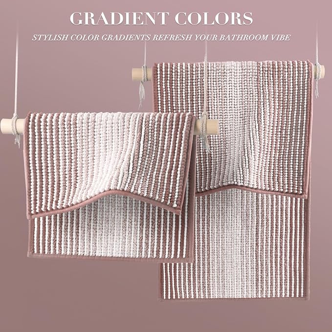 Bathroom Rugs and Mats Sets, 2 Piece Thick Absorbent Chenille Bath Mat Rug Set Non Slip, Soft Shaggy Bath Room Floor Mats for Bathroom, Machine Washable (20" x 32" Plus 16" x 24",Mauve Brown)