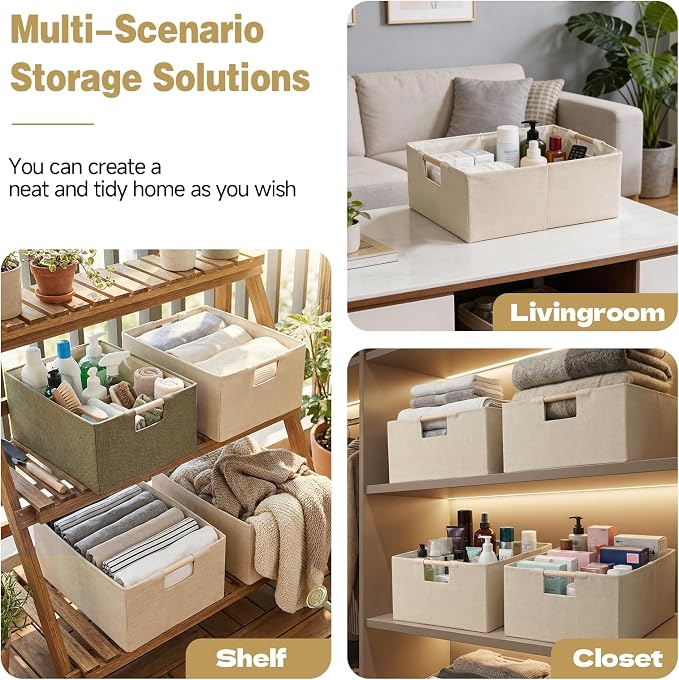 Foldable Fabric Storage Baskets Set of 2 for Shelves, Linen Decorative Storage Bins with Wooden Handles, Small Organizer Cubes for Closet, Rectangle Canvas Boxes for Organizing, Decor (Black 2 Pack)