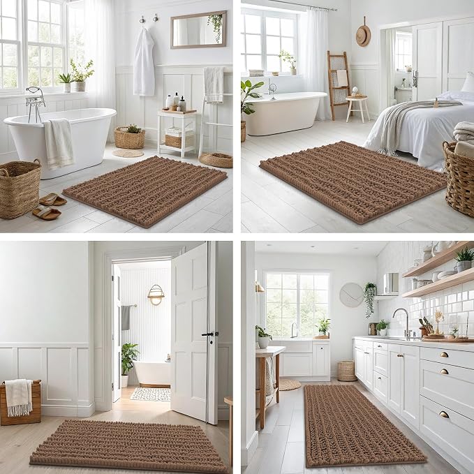 Smiry Bathroom Rugs 44X24, Extra Soft Rubber Backing Chenille Bath Mats | Mocha Machine Washable Non Slip Quick Dry Bath Mats for Bathroom Floor, Tub, Shower, Home Decor Accessories