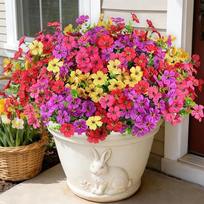 16PCS UV Resistant Artificial Flowers for Outdoors, Mix 4 Colors | Silk & Plastic, for Hanging Baskets, Window Boxes & Planters, Porch, Yard, Garden, Spring Summer Outdoor Decorations