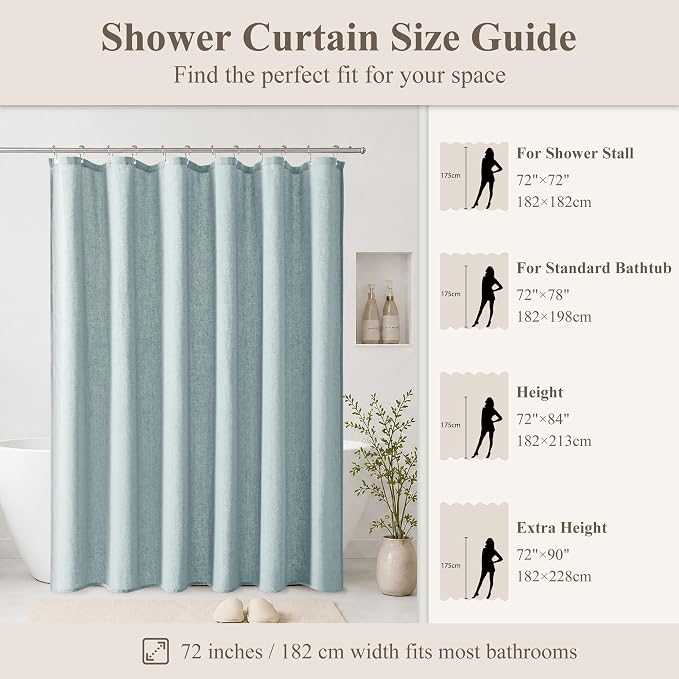 Jowels Blue Linen Fabric Shower Curtains for Bathroom, 72x72 | Blue Linen Shower Curtains Set, Waterproof Washable Weighted Textile, Metal Hooks, Hotel Boho Farmhouse Bathroom Decor