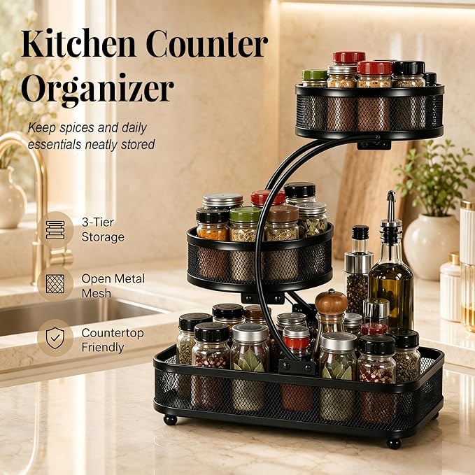 3 Tier Bathroom Counter Organizer-Metal Makeup Organizer for Vanity | Perfume & Cologne Organizer, Metal Wire Mesh Design, Heavy Duty Shelf with Large Storage Capacity, Black