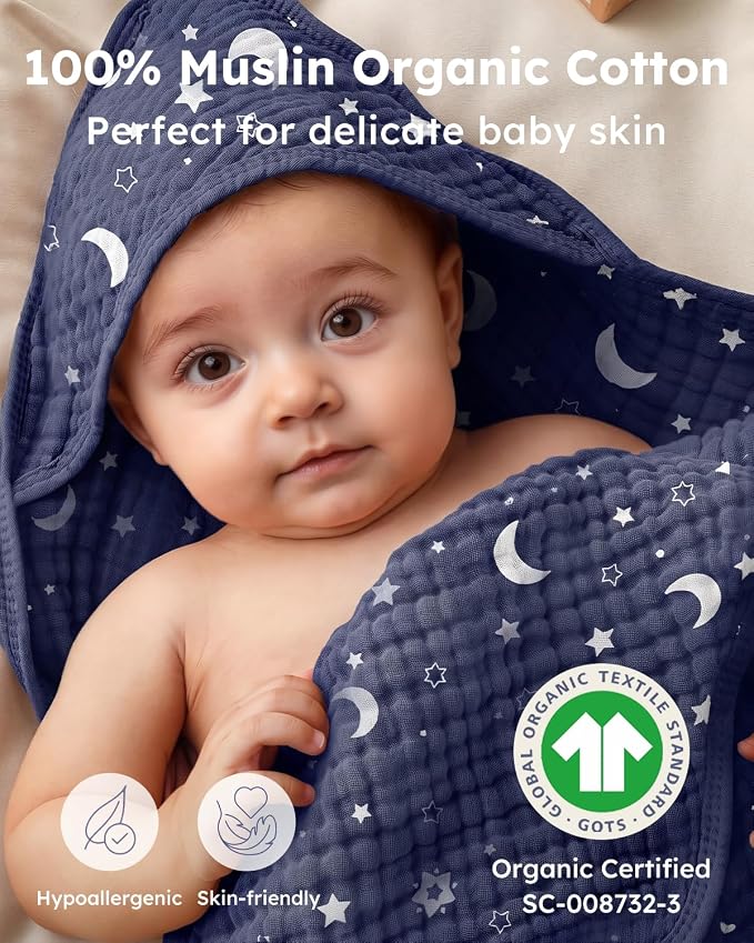 Yoofoss Hooded Baby Towels for Newborn 2 Pack 100% Muslin Organic Cotton Baby Bath Towel with Hood for Babies, Infant, Toddler and Kids, 32x32Inch, Soft and Absorbent Newborn Essential, Blue Clouds