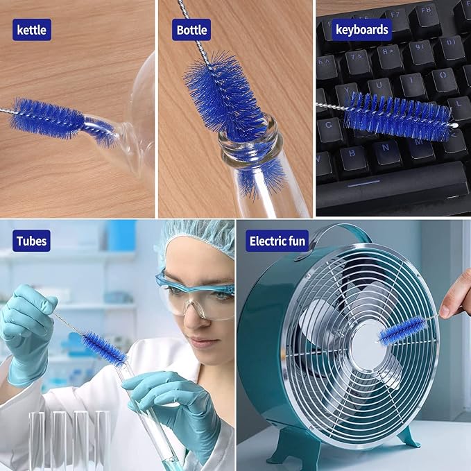 CiaraQ Bottle Cleaning Brushes, 8 Inch Nylon Tube Brush Set | Navy Blue Cleaner for Narrow Neck Bottles Cups with Hook, Set of 10pcs.