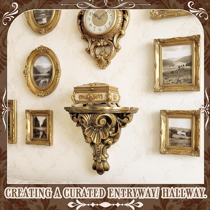 Pinkunn 11" Vintage Antique Gold Floating Wall Bracket | French Country Fleur De Lis Victorian Baroque Floating Shelf, Gothic Decorative Bracket for Living Room, Bedroom & Entryway