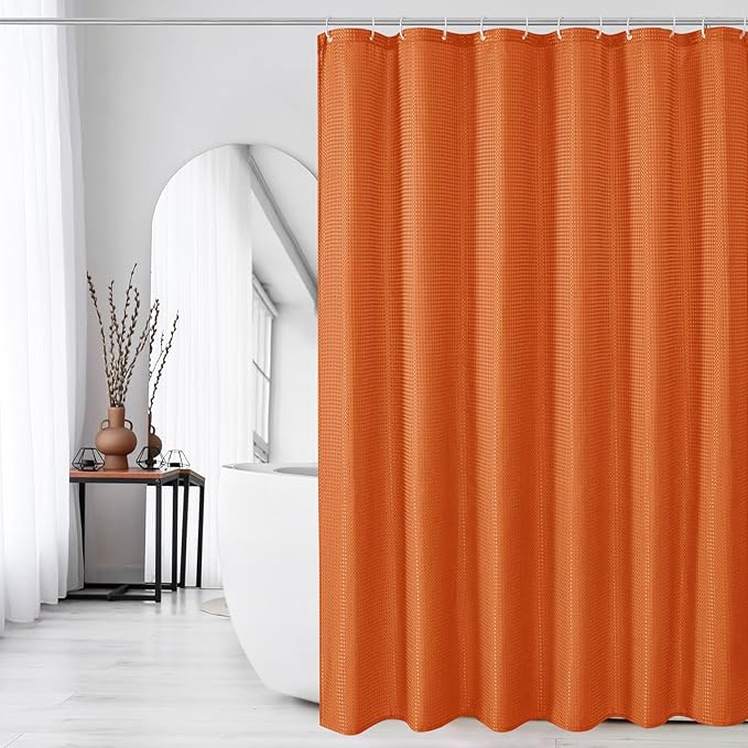 Extra Long Burnt Orange Fabric Shower Curtain, 72 x 84 | Tall Cloth-Textured Shower Curtain for Bathroom, Water Repellent, Machine Washable
