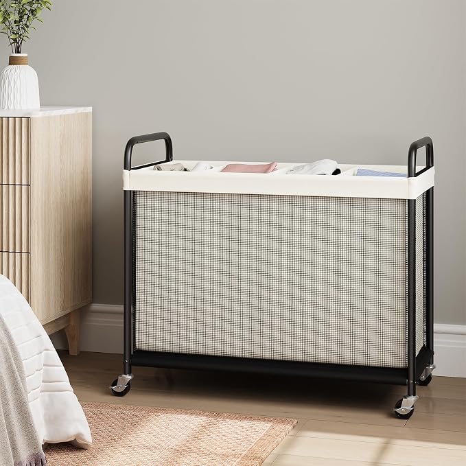 ELYKEN Laundry Hamper 4 Section, 140L Rolling Laundry Sorter with Wheels | Removable Washable Liner Bags, Sturdy Steel Frame and Metal Handle, 4 Divided Clothes Hamper Cart for Laundry Room & Bedroom