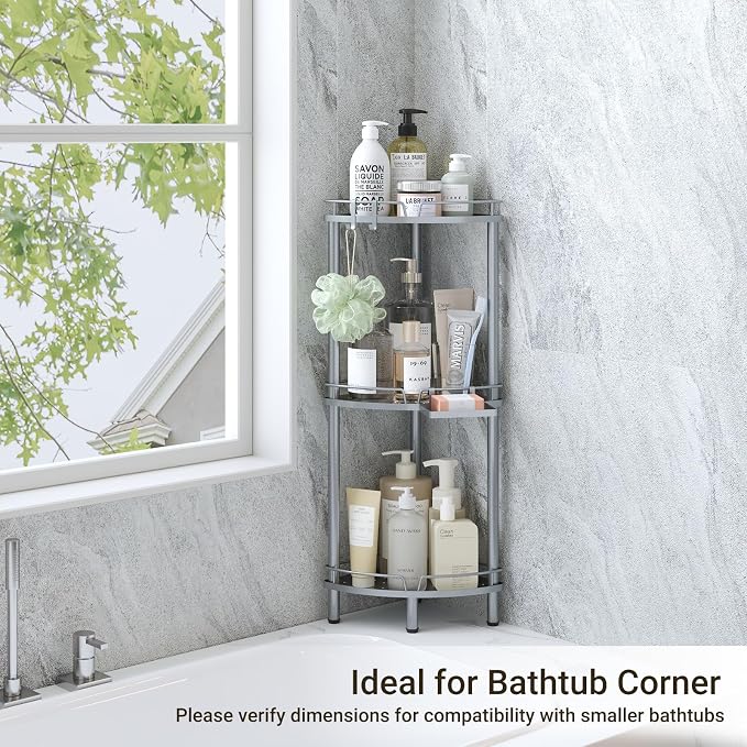 ELYKEN Corner Shower Caddy Standing, 3 Tier Metal Shower Organizer, Silver | Stainless Steel Shower Shelves with Soap Holder, Adjustable Feet & 2 Hooks for Storing Bath Essentials in Bathroom corner