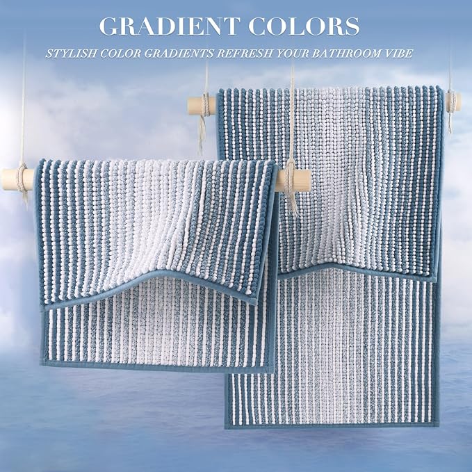 Chenille Bathroom Rugs, 21 x 60 Inches Non Slip Absorbent Bath Mat, Soft Shaggy Shower Bath Floor Mats for Bathroom, Machine Washable(Fog Blue)