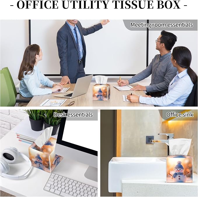 Cute Christmas Snowman Tissue Box Cover Square,Winter Christmas Snowman Tissue Box Holder Waterproof Leather Facial Paper Organizer Dispenser for Bathroom Home Car Nightstand Vanity Desk