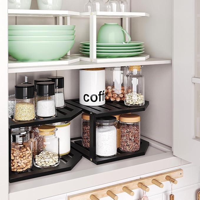 VERTORGAN 2 Tier Bamboo Dish Drying Rack,Corner Shelf 2 Pack(Black) | Pantry Storage,Dish Rack,Spice Rack,Corner Organizer,Kitchen Counter Shelves,Kitchen Storage,Holds Plates