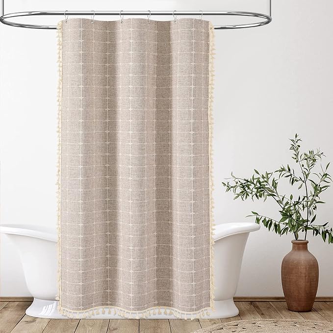 Stall Boho Farmhouse Linen Heavy Duty Shower Curtain, 36x72, Tan/Taupe | Half Size, 330GSM Linen Blend, 3-side Tassels, Water Repellent Fabric, 6 Plastic Hooks, Rustic Bohemian, Machine Washable