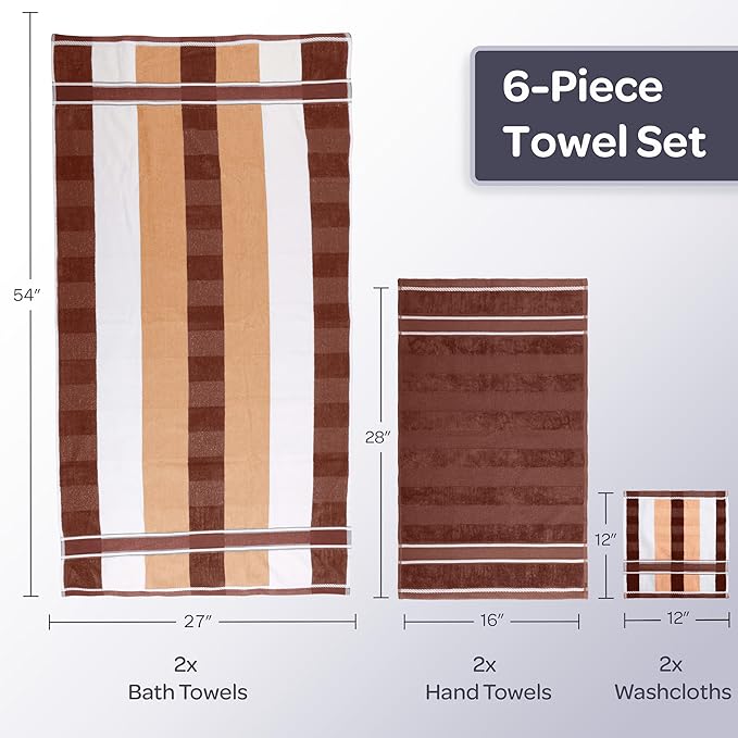 Lavish Home Bathroom Towels Set, Bathroom Accessories, Beige, Set of 6 | Includes 2 Bath Sheets, 2 Hand Towels, and 2 Wash Cloths, Soft 525 GSM 100% Cotton Set for Shower, Gym, Dorm, and Spa