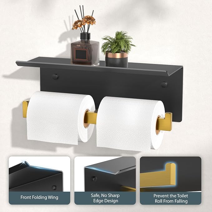 FORIOUS Toilet Paper Holder with Shelf, Commercial Toilet Paper Dispenser | Black & Gold | SUS304 Stainless Steel Wall Mount Double Bathroom Tissue Roll Holder for Hotel, Apartments, etc