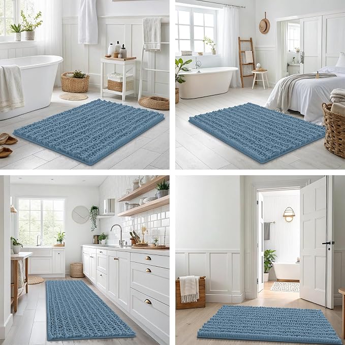 Smiry Bathroom Rugs 70X24, Extra Soft Rubber Backing Chenille Bath Mats | Grayish Blue Machine Washable Non Slip Quick Dry Bath Mats for Bathroom Floor, Tub, Shower, Home Decor Accessories