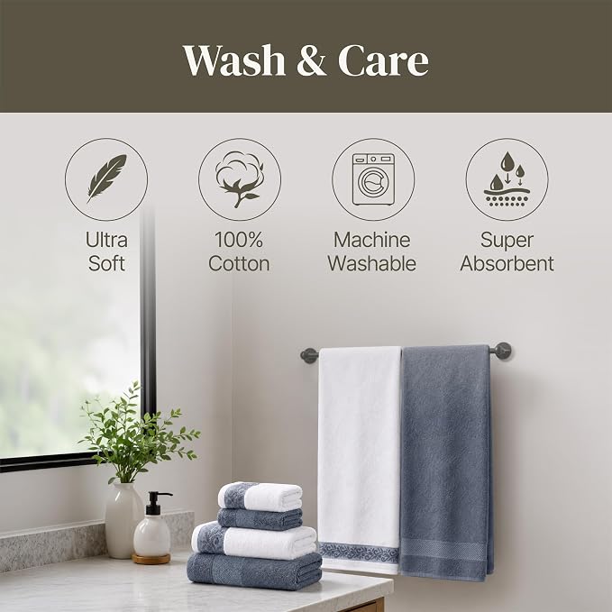 Modern Threads 600 GSM 6-Piece Towel Set with Filgree Jacquard Border Blue