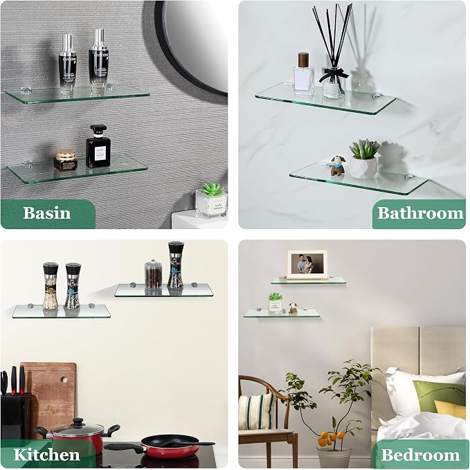 SAYAYO Glass Floating Shelves for Wall, Tempered Glass Shelves for Bathroom | Living Room, Bedroom, Office, Toilet, Kitchen Decor, 12 Inch Set of 2, Clear