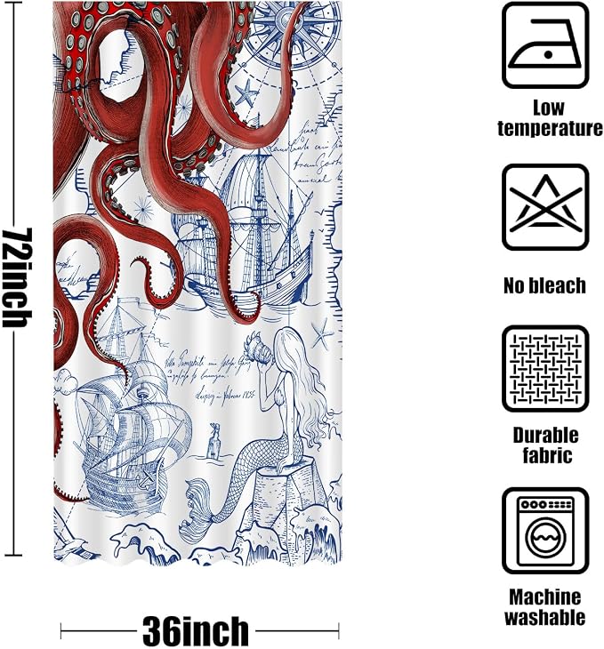 Fungarth Stall Red Nautical Octopus Shower Curtain Navy Blue Mermaid Funny Ocean Kraken Shower Curtains for Bathroom Cool Anchor Coastal Map Waterproof Fabric Bath Curtain Decor (Red, 36” x 72”)