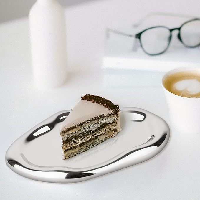 Silver Tray Decorative Vanity Tray Bathroom Tray Long Jewelry Dish | CHENDECOR Ceramic Silver Plate Holder Makeup Tray Home Organizers Irregular Storage Plate Bathroom Organizer