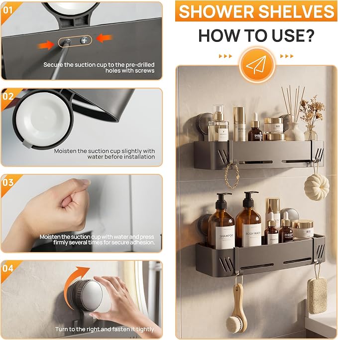 2-Pack Suction Cup Shower Caddy with Hooks, Gun Grey Aluminum | No-drill shower organizer for smooth non-porous surfaces, with hooks for shampoo, body wash, razors and bath accessories