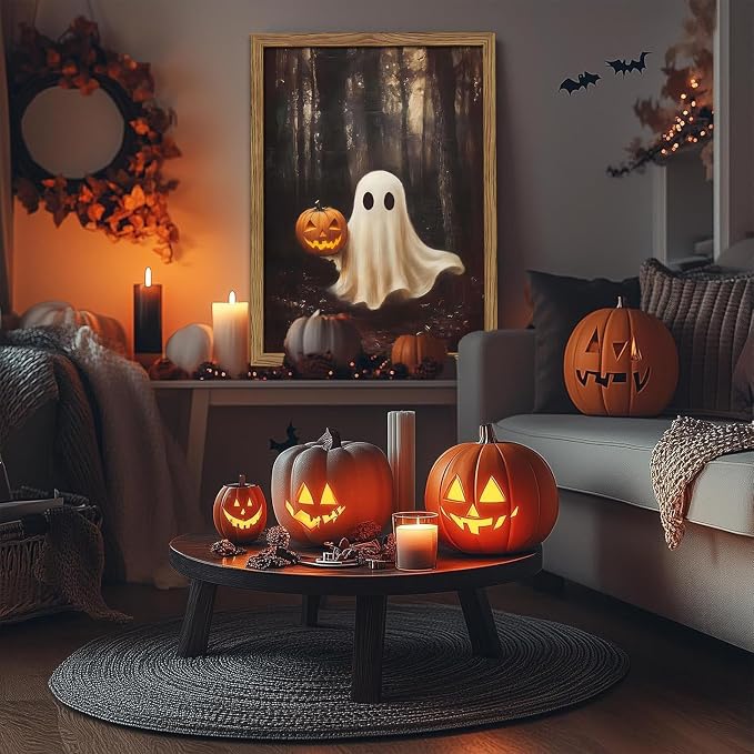 Vintage Halloween Ghost Wall Art, Gothic Cute Ghost Pumpkin Canvas Wall Decor Paintings, Dark Academia Spooky Fall Forest Prints Pictures for Living Room Bedroom 16x24 Inch Framed