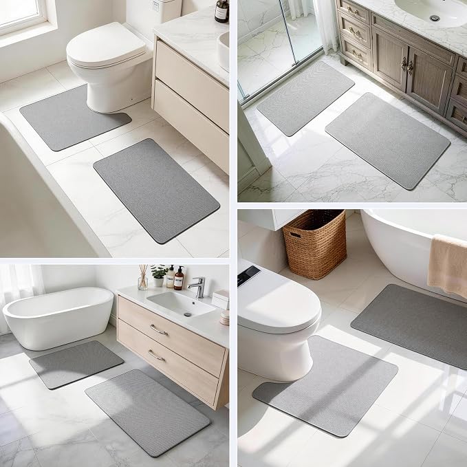 HOMTEB Bathroom Rugs Sets 2 Piece, Thin Bath Mat Absorbent Quick Dry, Machine Washable, Rubber Backing for Non Slip, Low Pile Cozy Cloth Bathroom Rug Set for Tub/Sink/Shower (27"x17" & 30"x19", Gray)