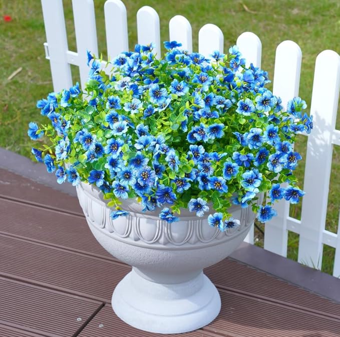 Artificial Flowers for Outdoor Indoor Garden Home Decoration, Faux Flower Daisy with Eucalyptus Leaves Fake Plants Greenery Boxwood Porch Patio, 12 Bundles (Blue)