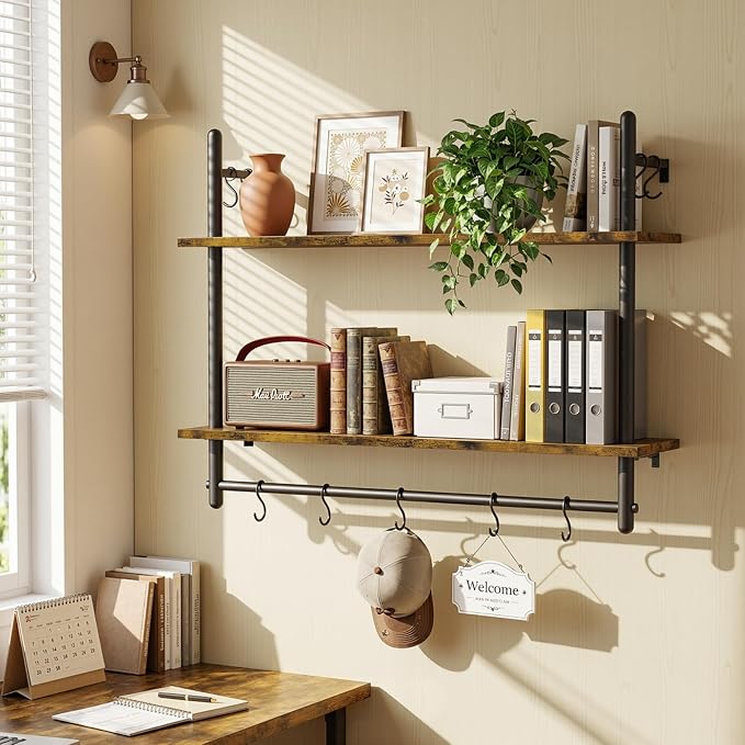 Merapi 31.5" Industrial Pipe Floating Shelf with Towel Bar & Hooks | Wall Mounted Kitchen, Bathroom, Coffee Bar Shelf - Modern Farmhouse Wood & Metal Shelves with 8 S-Hooks
