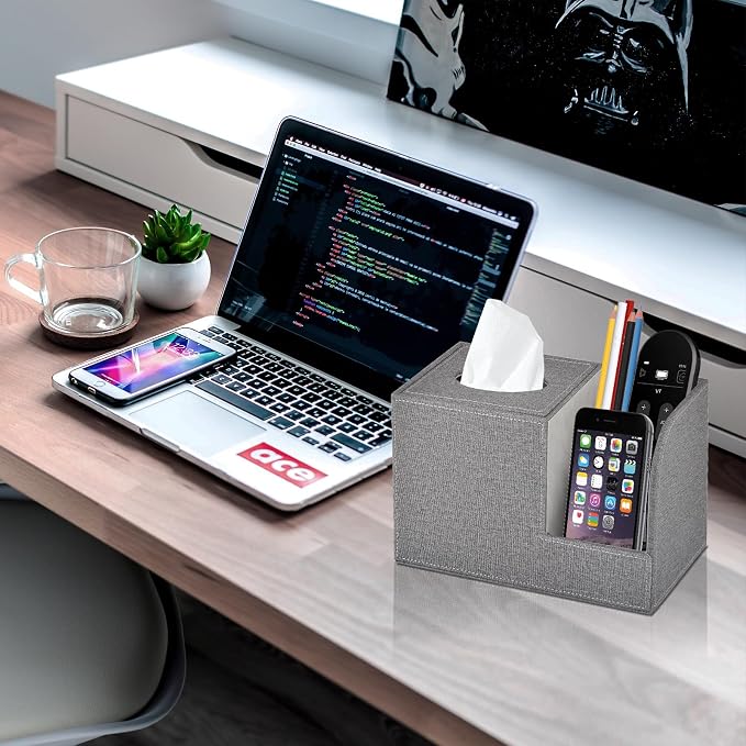 Square Tissue Box Cover Organizer,PU Leather Cube Tissue Box Holder with 2-Compartment Storage Box,Tissue and Remote Control Holder,Decorative Tissue Box Bedroom NightStand Office Tabletop,Grey