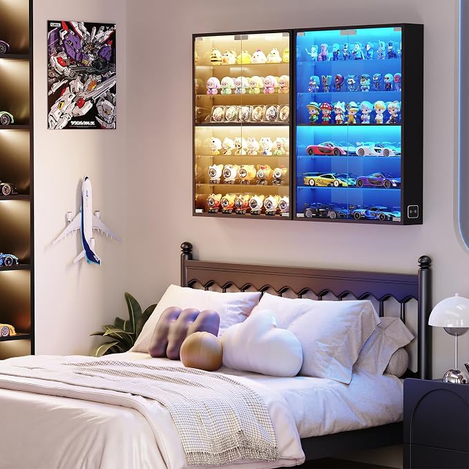 Wall Display Case with Glass Doors, Sports Card Display Case | 6-Tier, Adjustable Glass Shelves, Shot Glass Display Case for Collectibles, Display Cabinet for Trading Cards, Black