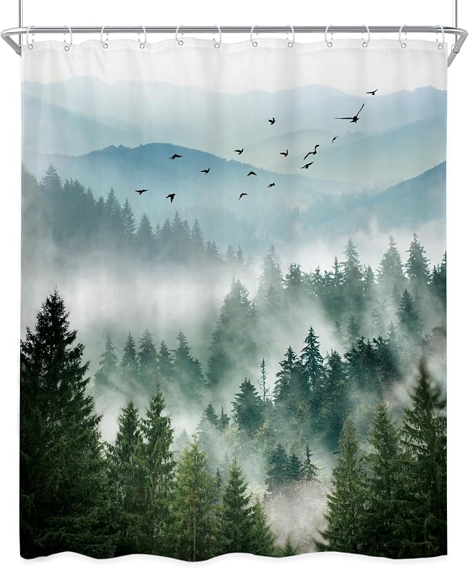 Green Rustic Mountain Scenery Pine Tree Bathroom Shower Curtain Set | 54"W x 78"L shower curtain, Greenery Landscape: HD waterproof print, quick-dry cloth, free hooks for easy installation.