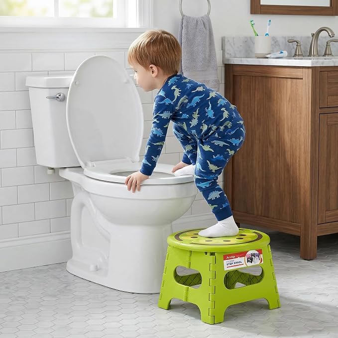 9 Inch Cute Folding Step Stool for Kids, with Handle, Kiwi Green | Foldable Step Stool, Heavy Duty, Lightweight, Non-Slip, for Toddler/Adults, for Kitchen Bathroom Outdoor, Sturdy Collapsible