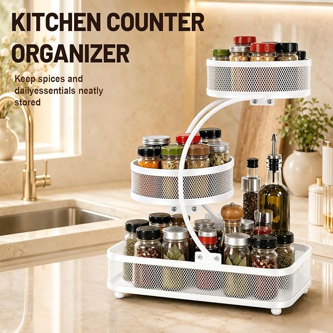 3 Tier Bathroom Counter Organizer-Metal Makeup Organizer for Vanity | Perfume & Cologne Organizer, Metal Wire Mesh Design, Heavy Duty Shelf with Large Storage Capacity, White