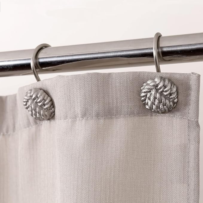 Brushed Nickel Shower Curtain Hooks: Rust Proof Metal Curtain Rings, 12Pcs | Nautical Knotted Rope Shower Hooks, Heavy Duty Hanging Hangers for Shower Rod, Gift for Farmhouse & Coastal Bathroom Decor