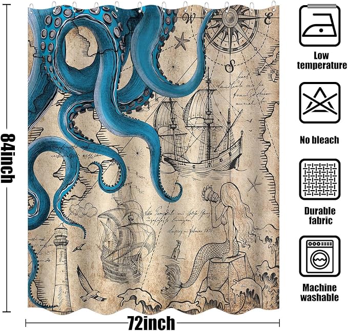 Fungarth 84 Inch Extra Long Vintage Nautical Octopus Shower Curtain Navy Blue Mermaid Funny Ocean Kraken Shower Curtains for Bathroom Cool Coastal Map Waterproof Fabric Bath Curtain (Retro, 72” x 84”)
