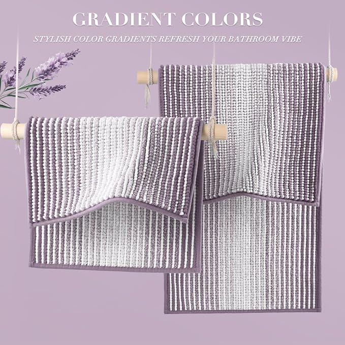 Bathroom Rugs and Mats Sets, 2 Piece Thick Absorbent Chenille Non Slip, Soft Shaggy Floor Mats, Machine Washable (Lavender Purple, 20" x 47" Plus 16" x 24")