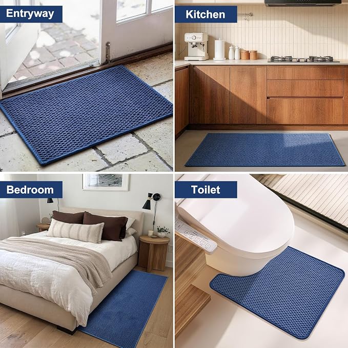Triohero Bathroom Rugs Non Slip Washable, Super Absorbent Thin Bath Mat Small Quick Dry Low Pile Bathroom Rug, Navy Blue 16"x24"