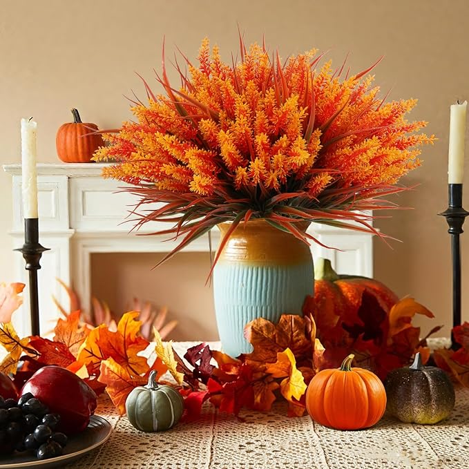 Geegoods 48 Bundles Artificial Fall Lavender Flowers Outdoor, Autumn-Orange | UV Resistant Plastic Faux Plants with Monkey Grass;Use for Garden Porch Patio Hanging Planter Home Decor