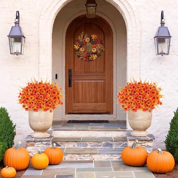 16PCS Artifcial Fall Flowers, Silk Flowers with Eucalyptus & Ferns | Realistic Orange Autumn Artificial Flowers, Porch Yard Fall Decor, Thanksgiving & Harvest Home Decorations