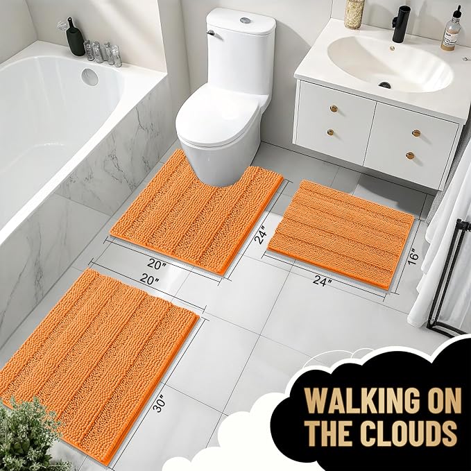 OLANLY Thick Bathroom Rugs 36x24, Soft Chenille Striped Bath Rugs, Orange | Rubber Backing, Machine Wash, Extra Absorbent Bath Mats for Bathroom Floor, Tub and Shower, Home Decor Accessories